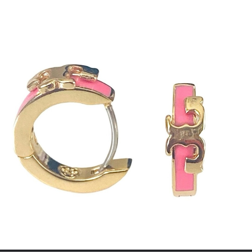 Tory Burch Gold and Pink Logo Hoop Earrings
